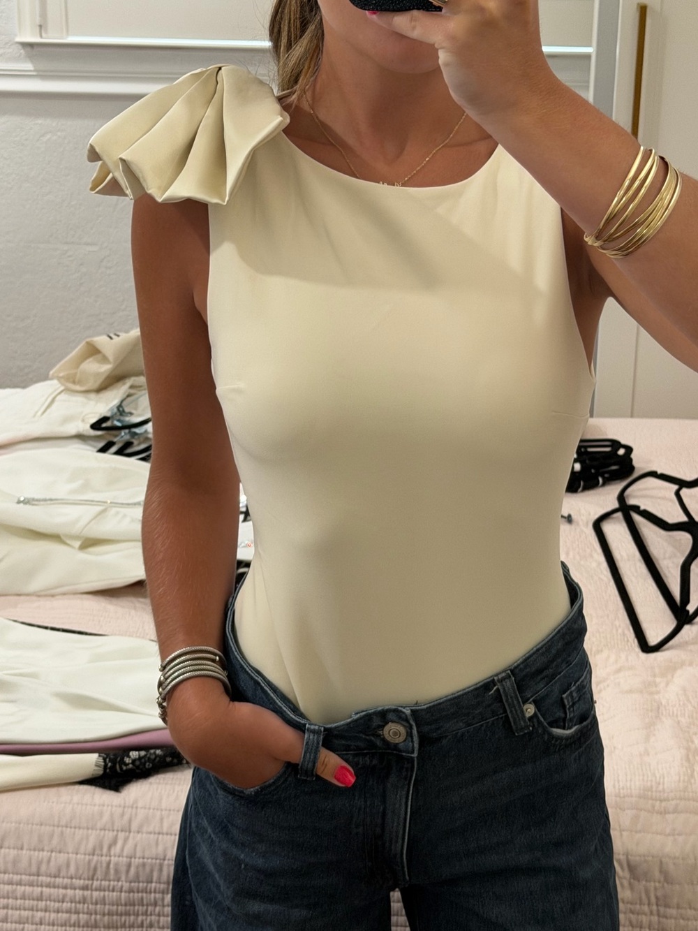 Zara Cream Asymmetric Bow Bodysuit